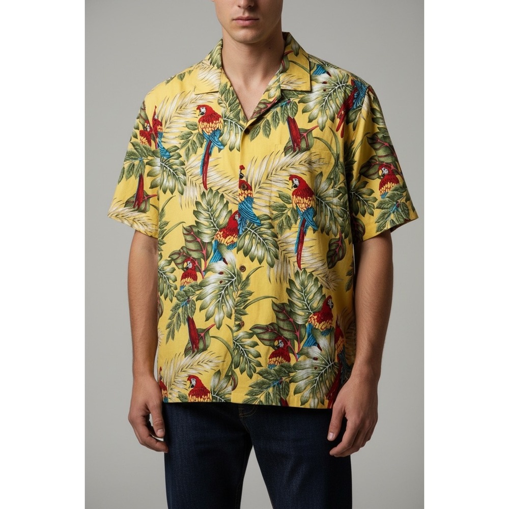 Vintage Aloha Republic Hawaiian Shirt Yellow Parrot Tropical Print XL USA Made